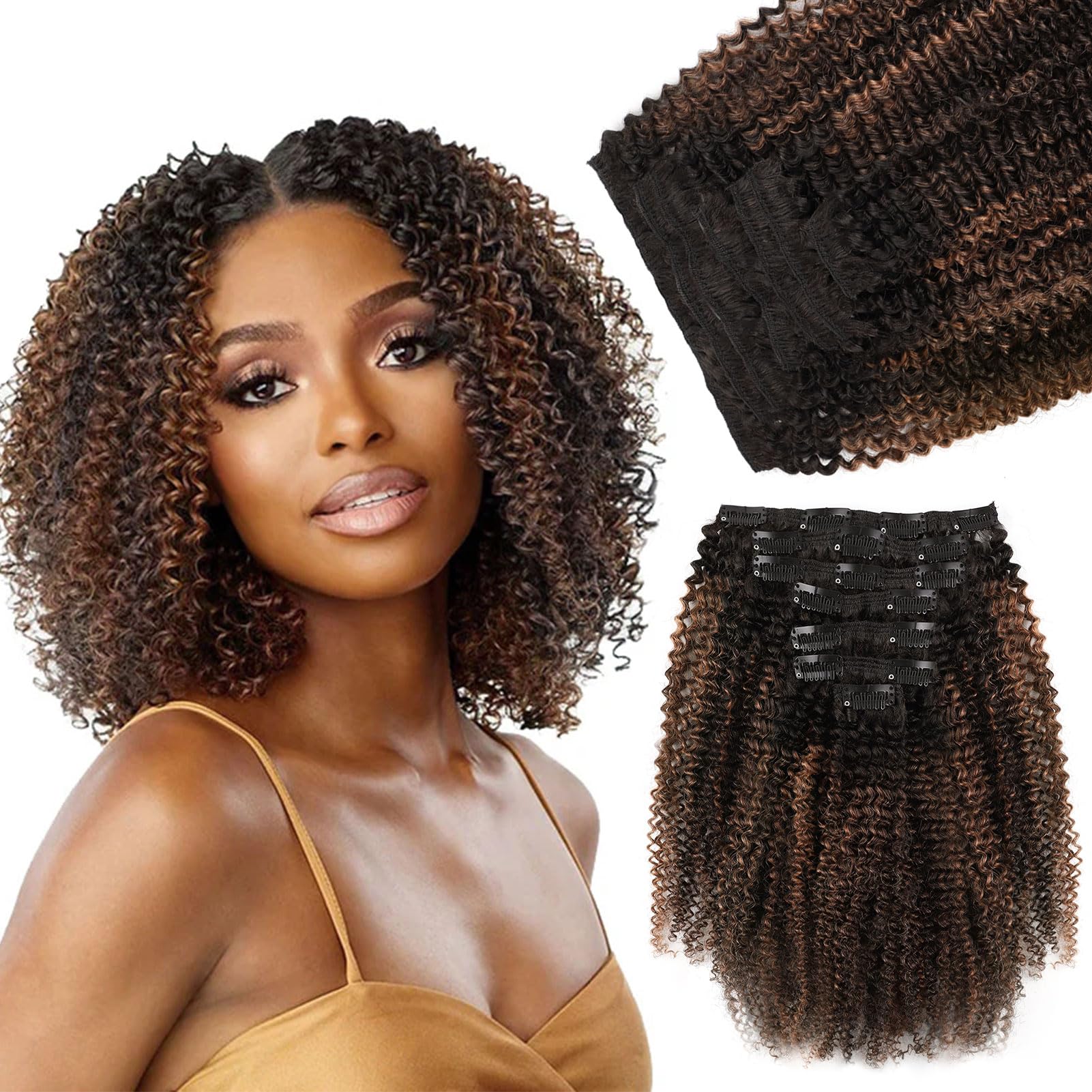 Yuniffe Afro Curly Clip in Human Hair Extensions for Black Women 4A Culry Clip ins Natural Black Color to Black #1B Mixed With Medium Auburn #30 Double Weft Remy Hair Extensions 20 Inch 7Pcs 120g