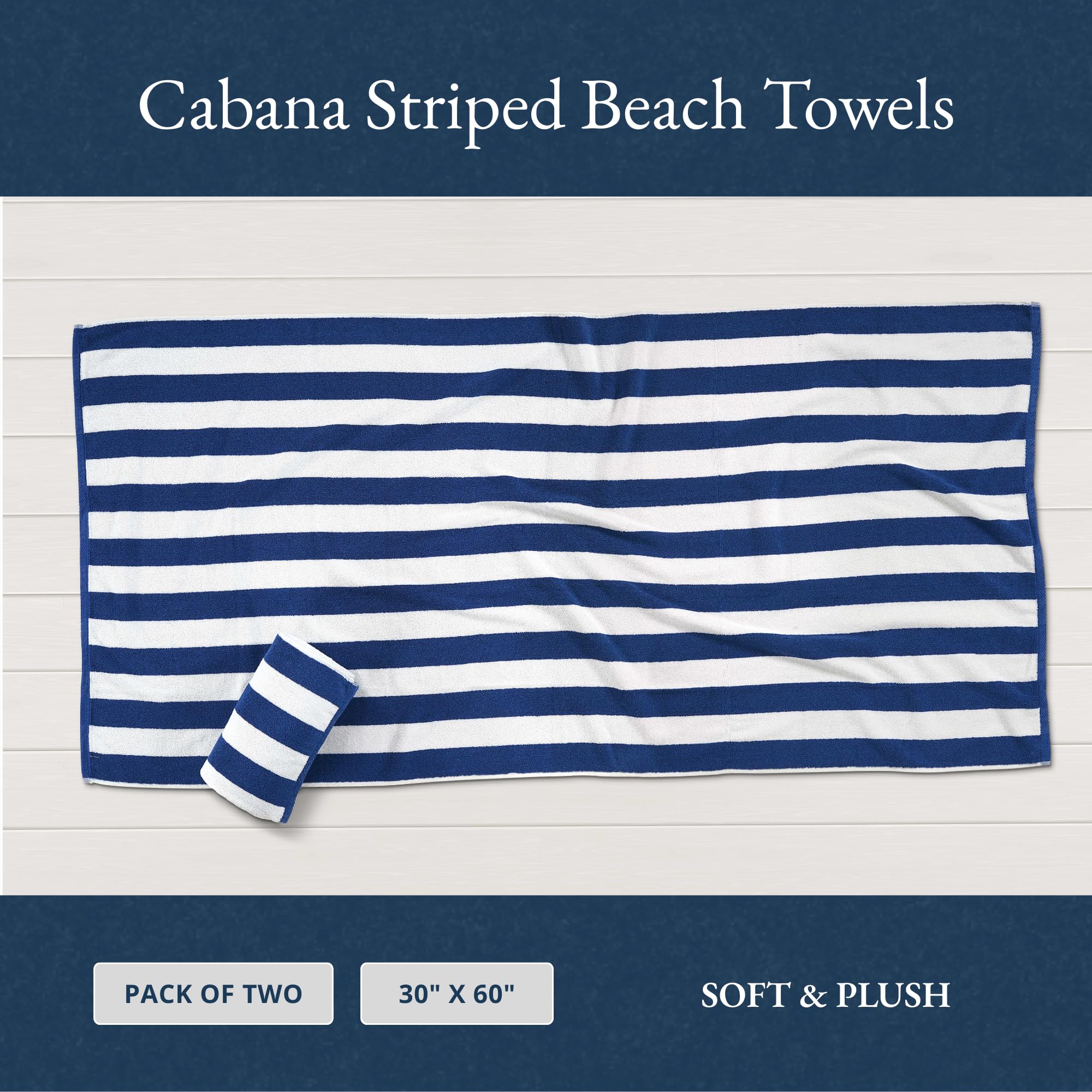 LANE LINEN 100% Baumwolle Strandtuch, 2 Stück Strandtücher Set, Cabana Stripe Pool Handtücher, Übergroße Strandtücher für Erwachsene (76.2x152.4 cm), schnell trocknendes Handtuch,Blau E