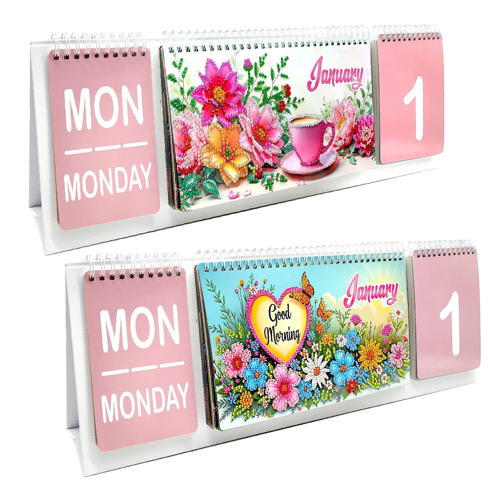 Lebartm 2Pcs Perpetual Calendar Reusable DIY Diamond Art Painting Desk Calendar Set Date Month and Week Individually Flip Diamond Art for Tabletop Home Office Planning