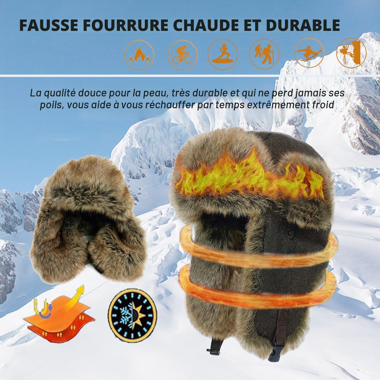 HEYANN Chapeau de Trappeur d'hiver en Fausse Fourrure, Chapeau de Pilote d'aviateur Russe Ushanka Chaud pour Homme et Femme avec Cache-Oreilles Coupe-Vent pour l'extérieur