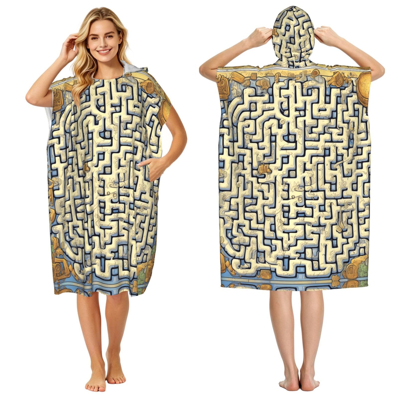 Zaixiansj 110cm Labyrinth Treasure Map Print Adult Changing Robe Hooded Towel Poncho Surf Swim Beach Cover Up with Pockets