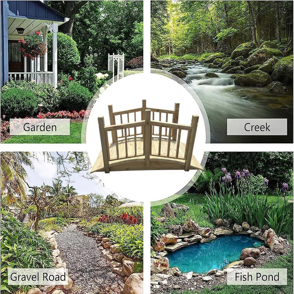 Small Solid Wood Garden Bridge, Wooden Footbridge with Side Railings, Wooden Bridge Decorative Landscape Footbridge, Courtyard Riverbed Bridge, 4.2 Feet