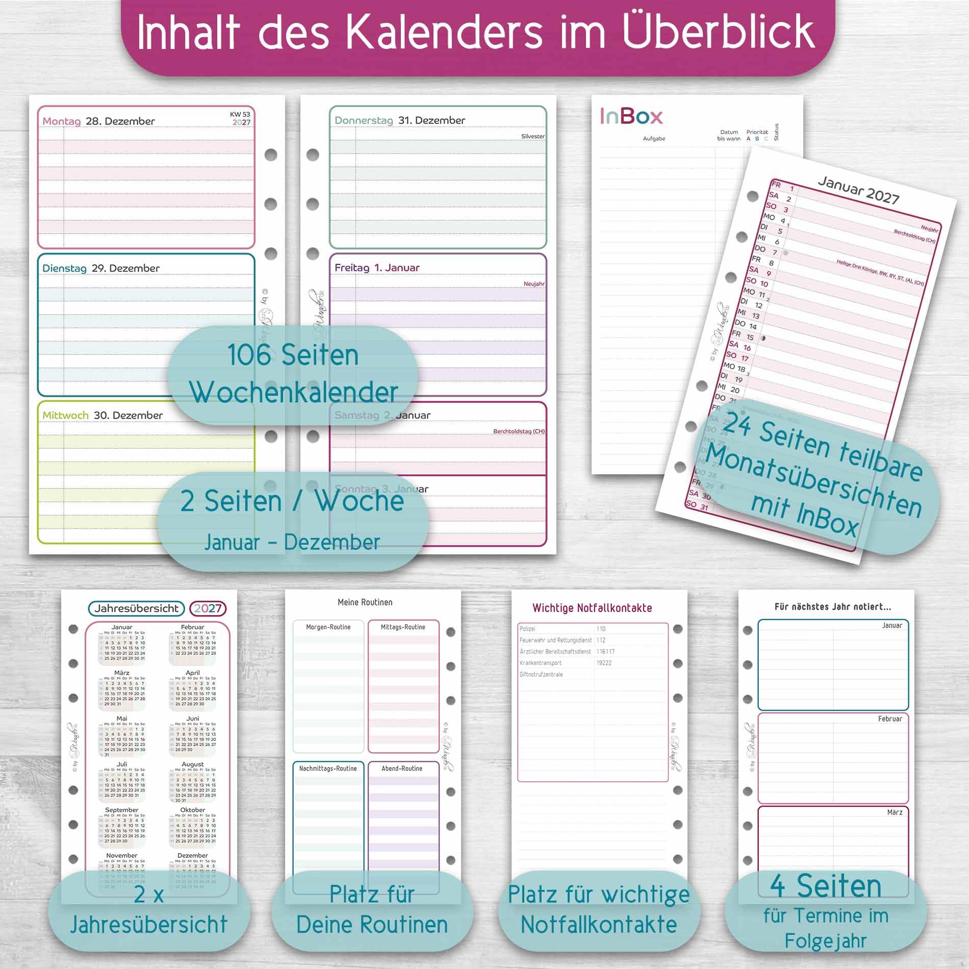 SinnWunder® 2027 Premium Kalendereinlage - Wochen-Kalender - 1 Woche 2 Seiten - Größe (A6) Personal 9,6 x 17,2 cm - 6-fach Filofax-Lochung - LuckySinn