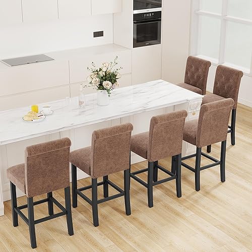 Miniatura 34 de LSSBOUGHT Juego de 2 taburetes tapizados de 24 pulgadas, taburetes de bar de tela con respaldo, sillas de bar con altura de mostrador con patas de