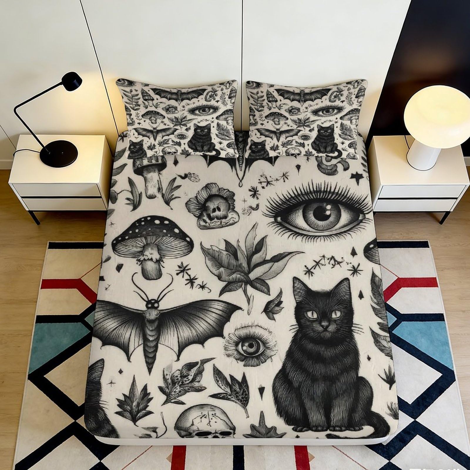 3D Printed Gothic Cat Fitted Sheet Microfiber Soft Artistic Magic Eye Bed Cover for Bedroom Dorm Decor Protection 90x200x25cm