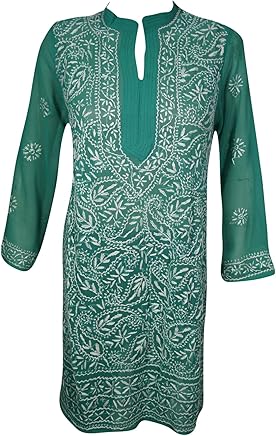 Women Tunic Dress Floral Green Embroidered Sheer Georgette Coverup Caftan M