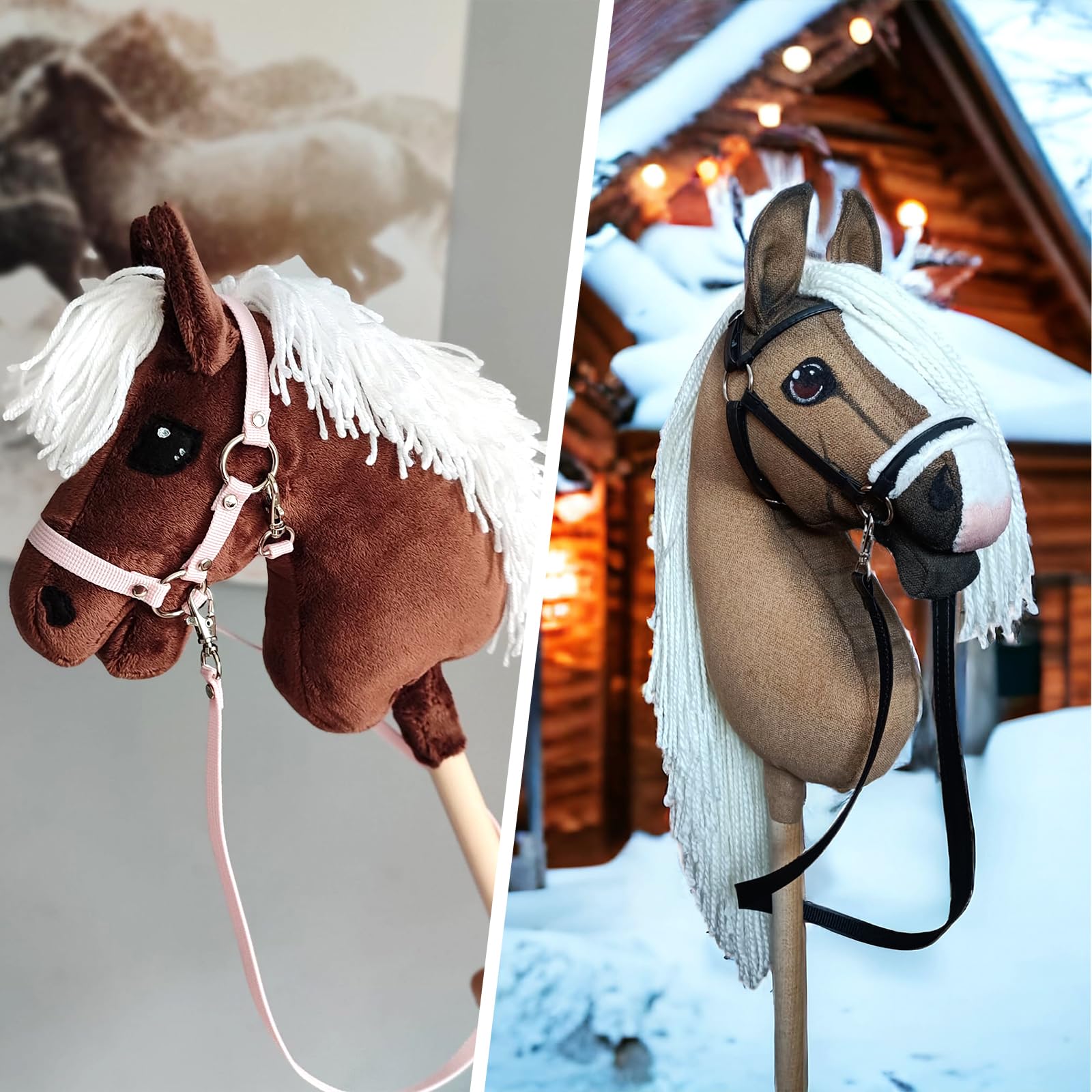 BINYI Hobby Horse uzda dla koni, akcesoria, trense, koń, dzianina, 3 pary cugli, kucyk, zestaw 120 cm, uzda do konia kijowego, drewnianego, z karabińczykiem (3 kolory)