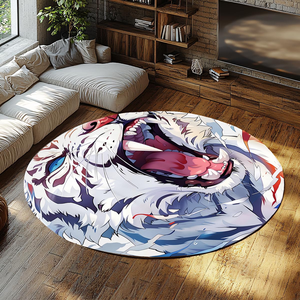 Tapis de cuisine rond tigre rugissant lavable grand tapis de sol chambre 200cm