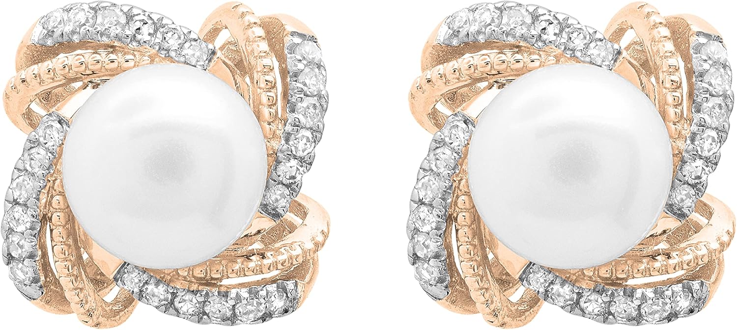 Dazzlingrock Collection 6mm Round White Cultured Freshwater Pearl & White Natural Diamond Squared Double Swirl Stud Earrings for Women, in Real Solid Gold & 925 Sterling Silver