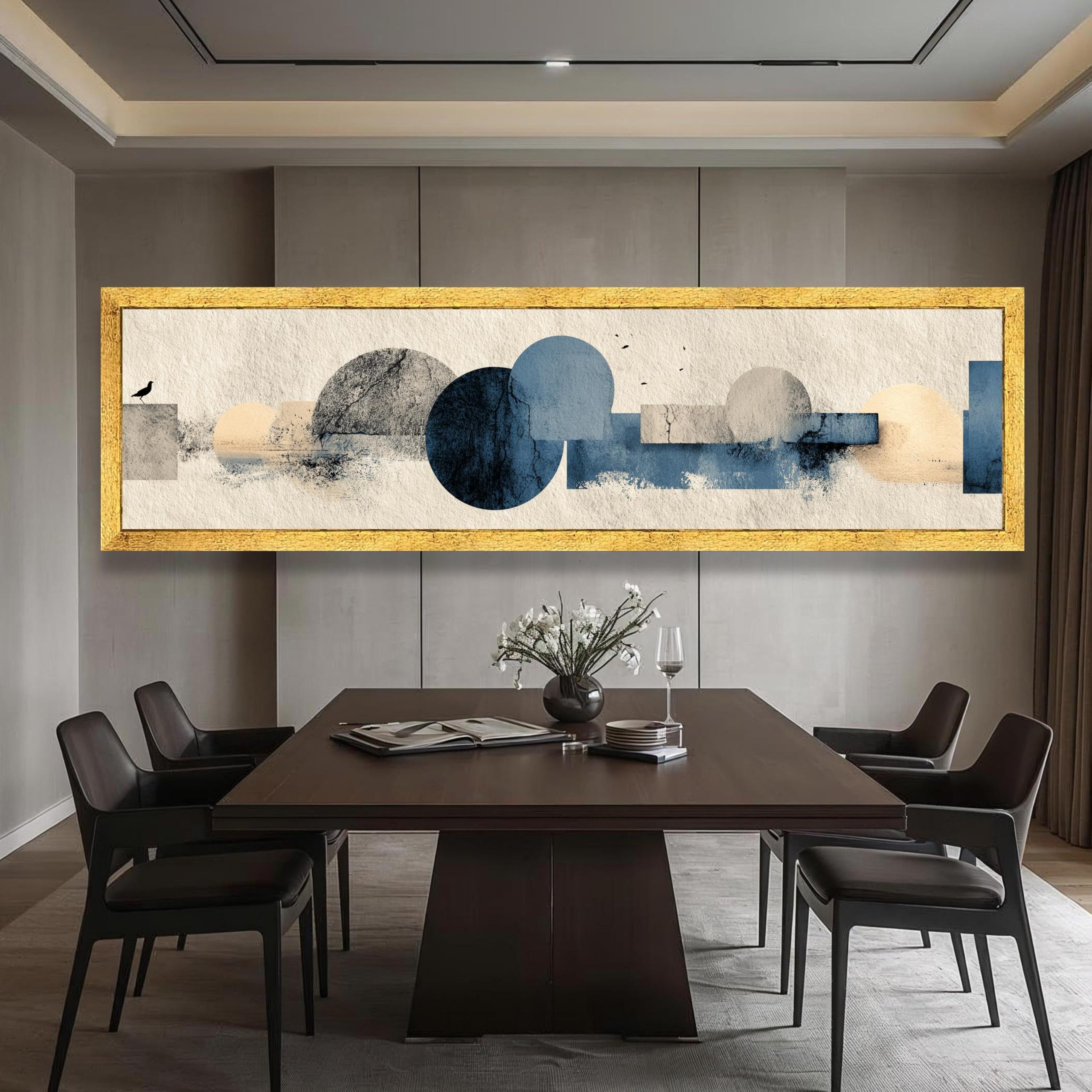 CAOXTART Abstrakcyjna geometria obraz na płótnie, niebieskie i beżowe kółka, minimalistyczne wydruki do domu (35 x 105 cm/wewnętrzna rama)