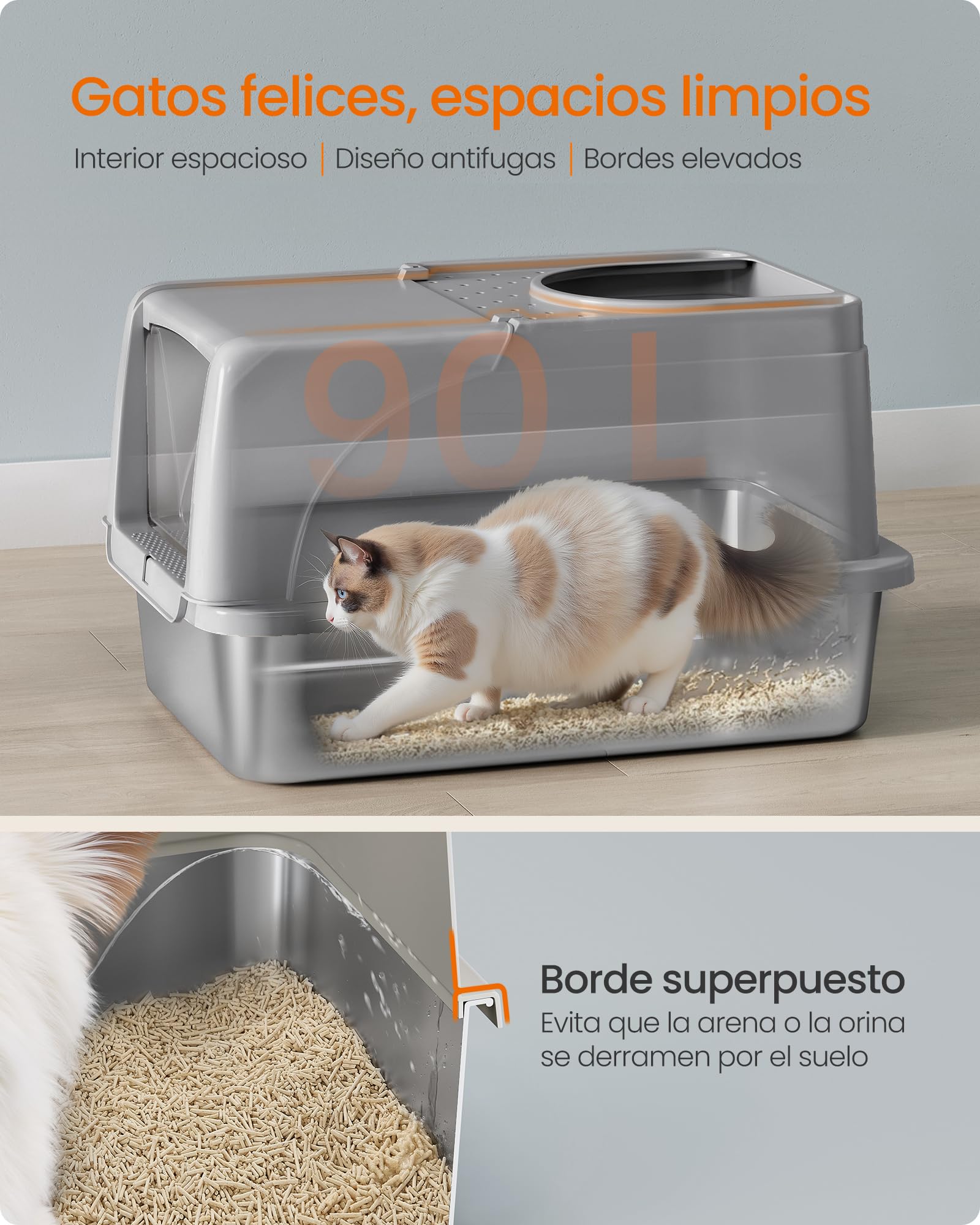 Feandrea Caja de Arena de Acero Inoxidable para Gatos con Tapa Abatible, Arenero XL, a Prueba de Fugas, Cuchara, Cepillo, Doble Entrada, Carga de Encimera de 15 kg, Gris Paloma PPT005G01