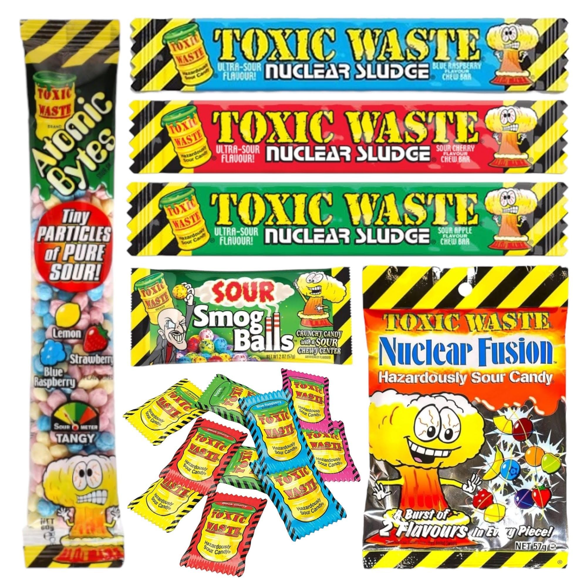 Toxic Waste Sour Candy Variety Bundle Pack - Includes Nuclear Fusion, Smog Balls, Atomic Bytes, Sludge Bars, and Mixed Original Yellow Drum Sweets - 15 Items