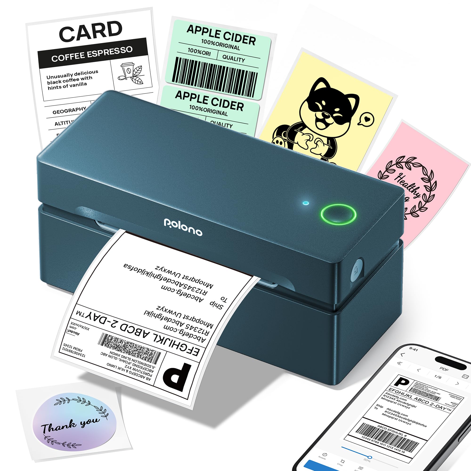 Bluetooth Thermal Label Printer,POLONO Wireless 4x6 Shipping Label Printer for Small Business, Support iOS, Android, Windows and MAC, Widely Used for Canada Post, Amazon, Etsy, UPS (Blue)