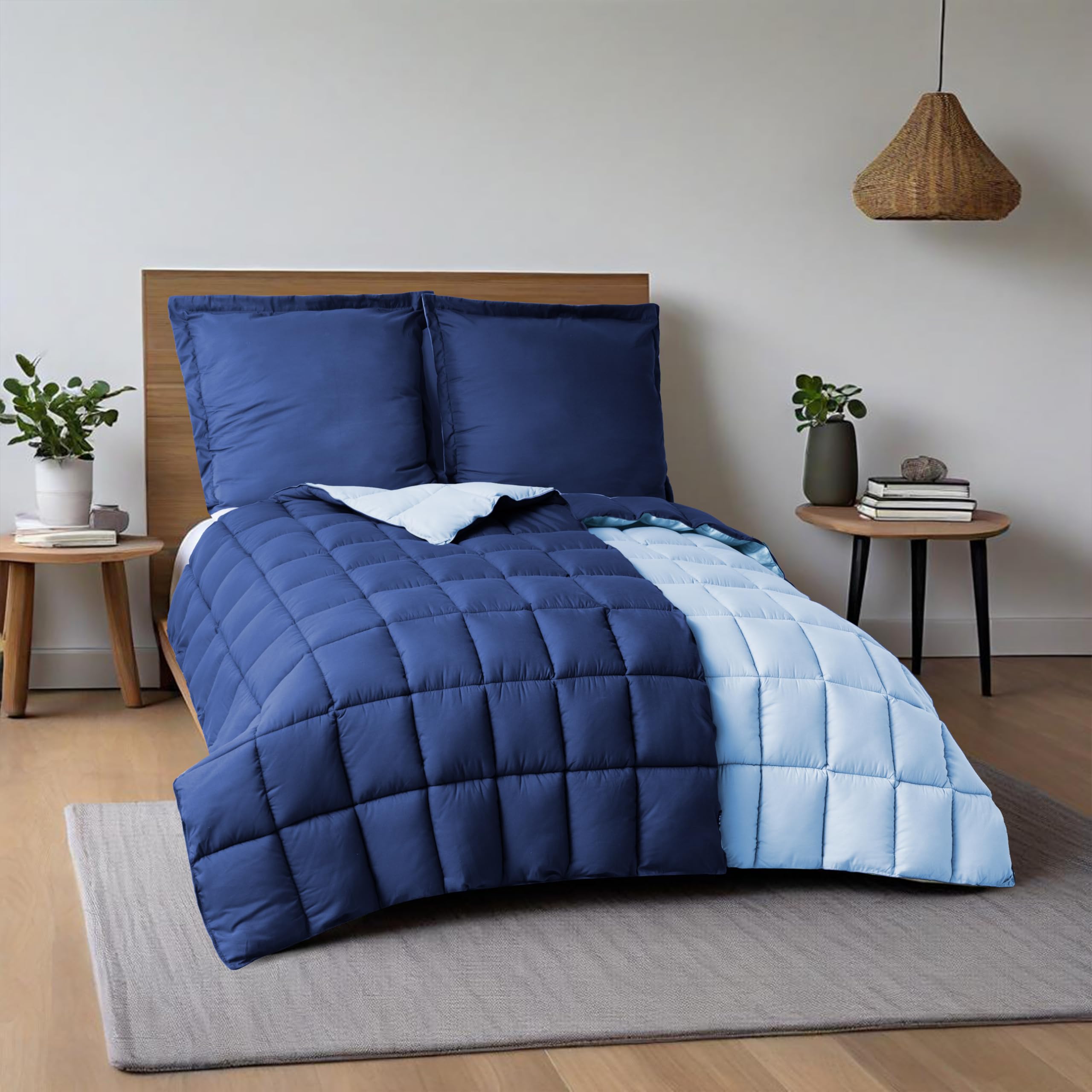 HIG Juego de Ropa de Cama de 4 Piezas con 2 edredones de 135x200 cm y 2 Fundas de Almohada de 80x80 cm, Certificado Öko-Tex, Alternativa de plumón Cosida en Color Azul Marino, con Relleno de 1300