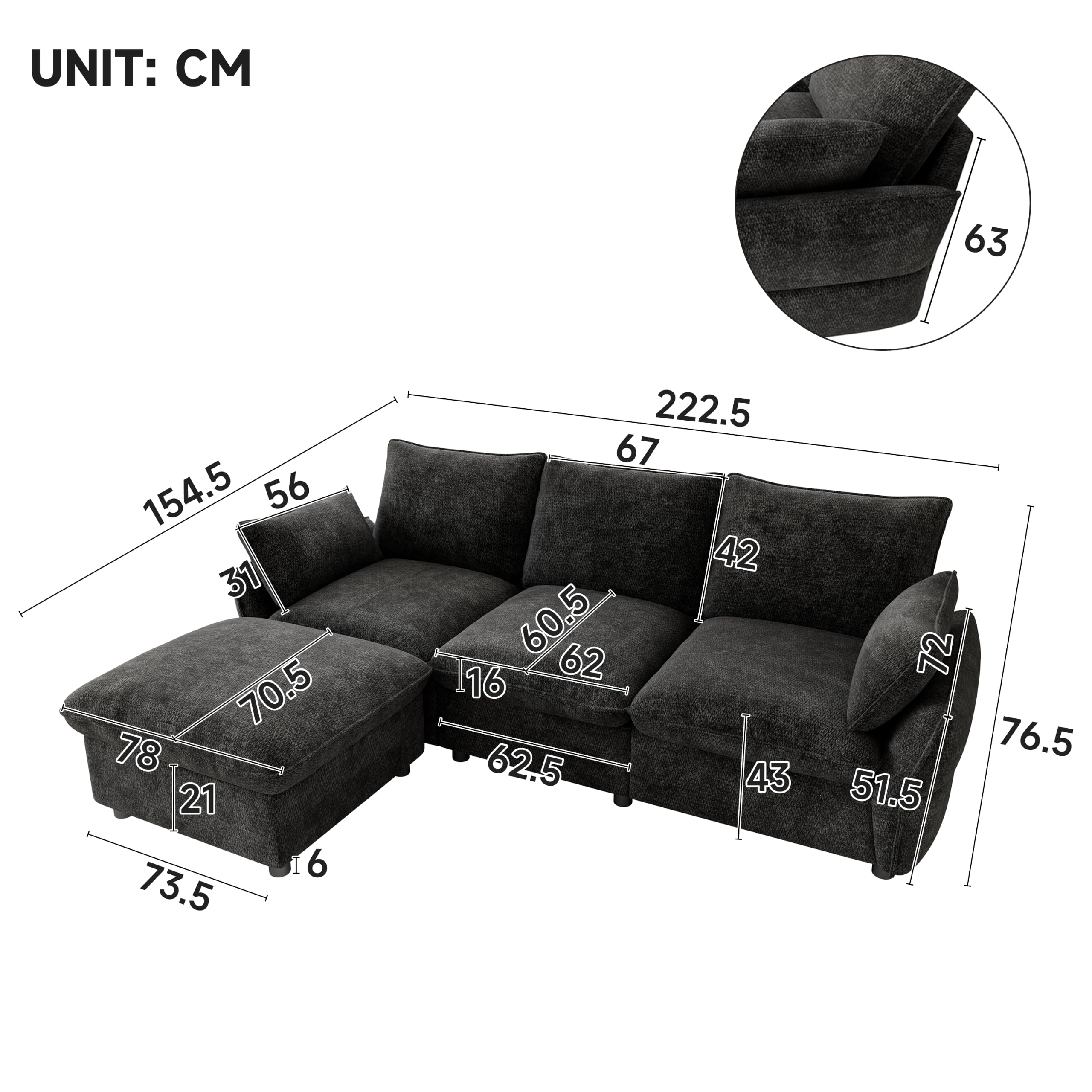 Generisch Sofa narożna ciemnoszara, 3-osobowa z taboretem, szenilowa, do salonu