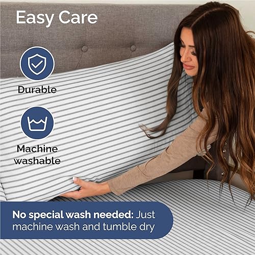 Miniatura 6 de Sábanas a rayas, color gris y blanco, sábanas a rayas color gris y blanco, sábanas de rayas tamaño matrimonial, de lujo para hotel, con bolsillos