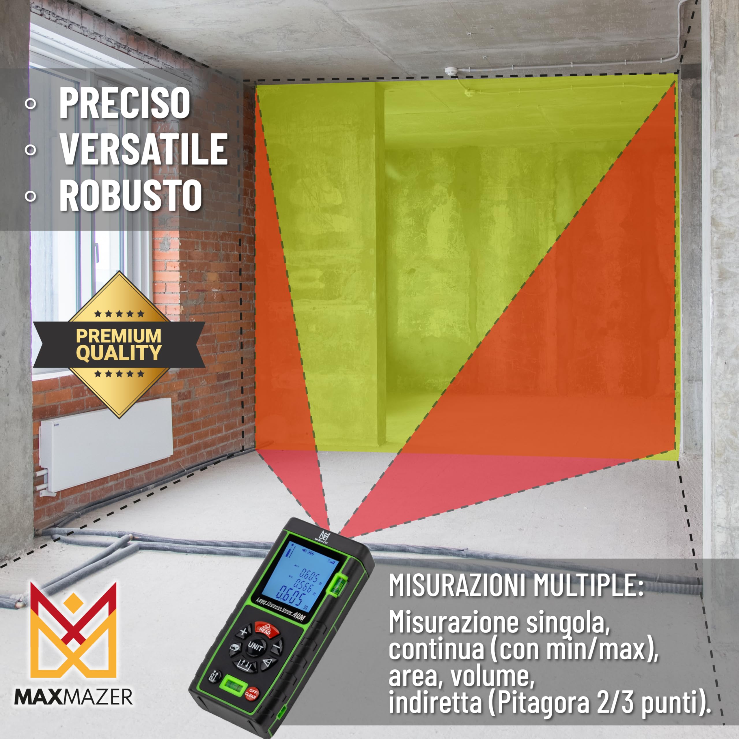 Metro Laser Professionale 40 m con Livella Integrata, Misuratore di Distanza Laser IP54, Telemetro Digitale Preciso e Robusto per Edilizia, Casa e Fai-da-Te
