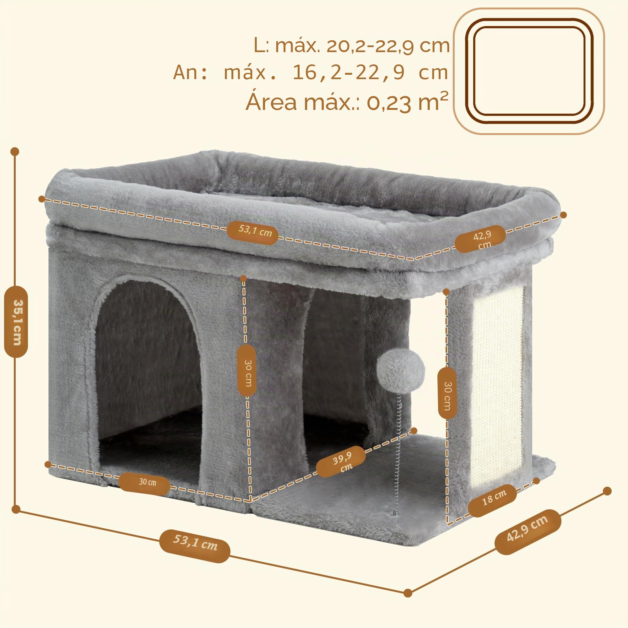 Heybly Rascador para Gatos, Árbol para Gatos de 35 cm con Amplia Plataforma y Acogedora Casita, Adecuado para Gatos Adultos, con Tablero de Sisal y Pelota de Felpa, Gris Claro HCT203SW