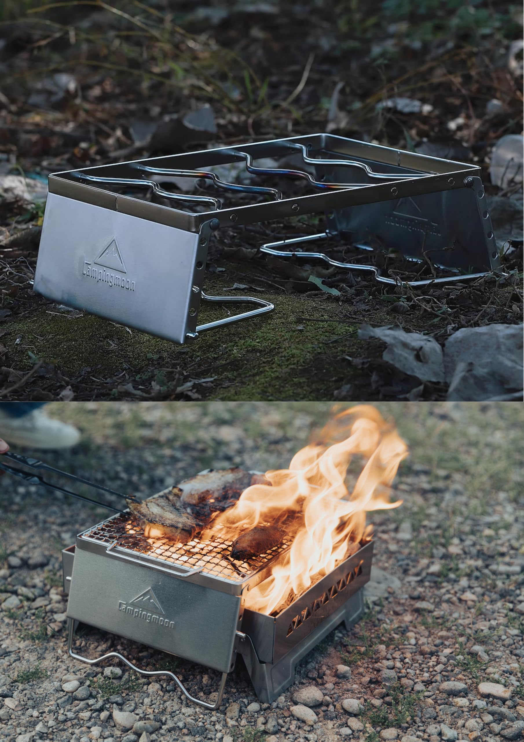 Campingmoon MS-1018 tragbarer Lagerfeuer-Grill aus 304 Edelstahl, für Dutch Oven Kochgeschirr mit Windschutzscheibenbeinen und Tragetasche