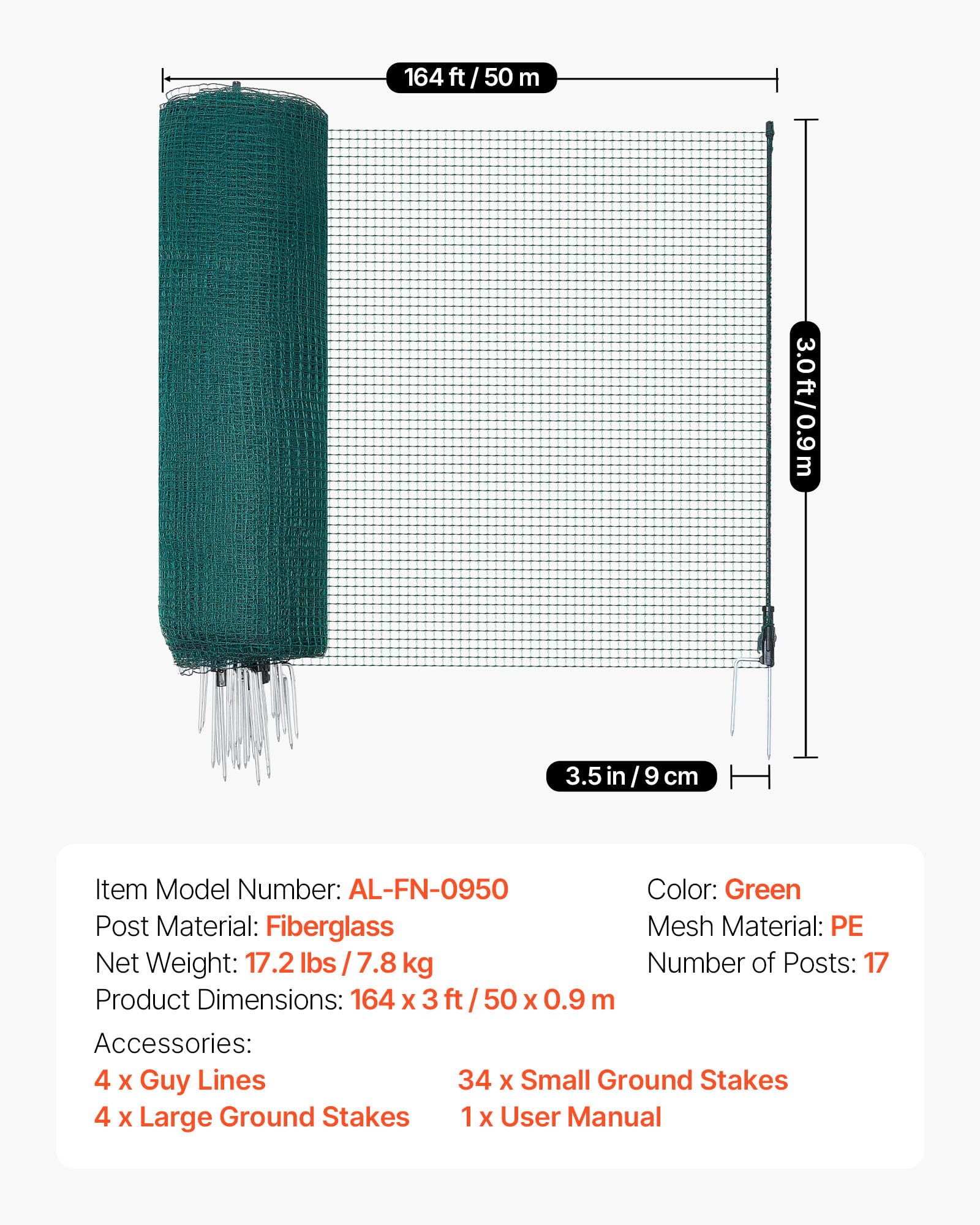 VEVOR Valla de Pollos y Perros, Red de Protección para Jardines y Huertos, con Postes y Estacas de Doble Punta, Malla Plástica de Seguridad para Aves de Corral Cría de Animales, Verde (50m×0.9m)