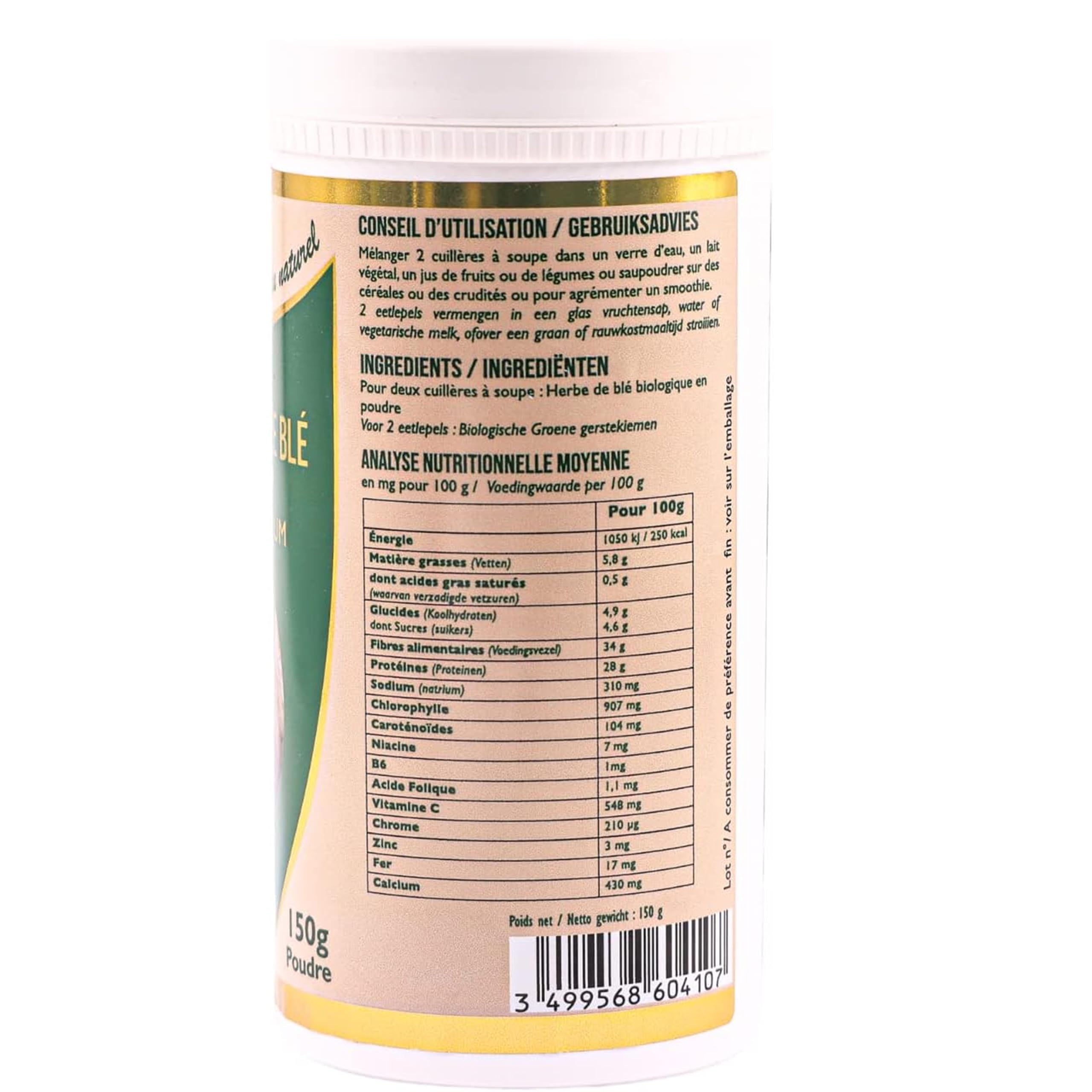SFB Laboratoires - Jus d'Herbe de Blé Bio 100% Pur en Poudre - Riche en Chlorophylle et Nutriments Essentiels - SuperAliment - Détoxifiant Naturel - Idéal avec Smoothies, Jus, Eau - 150g