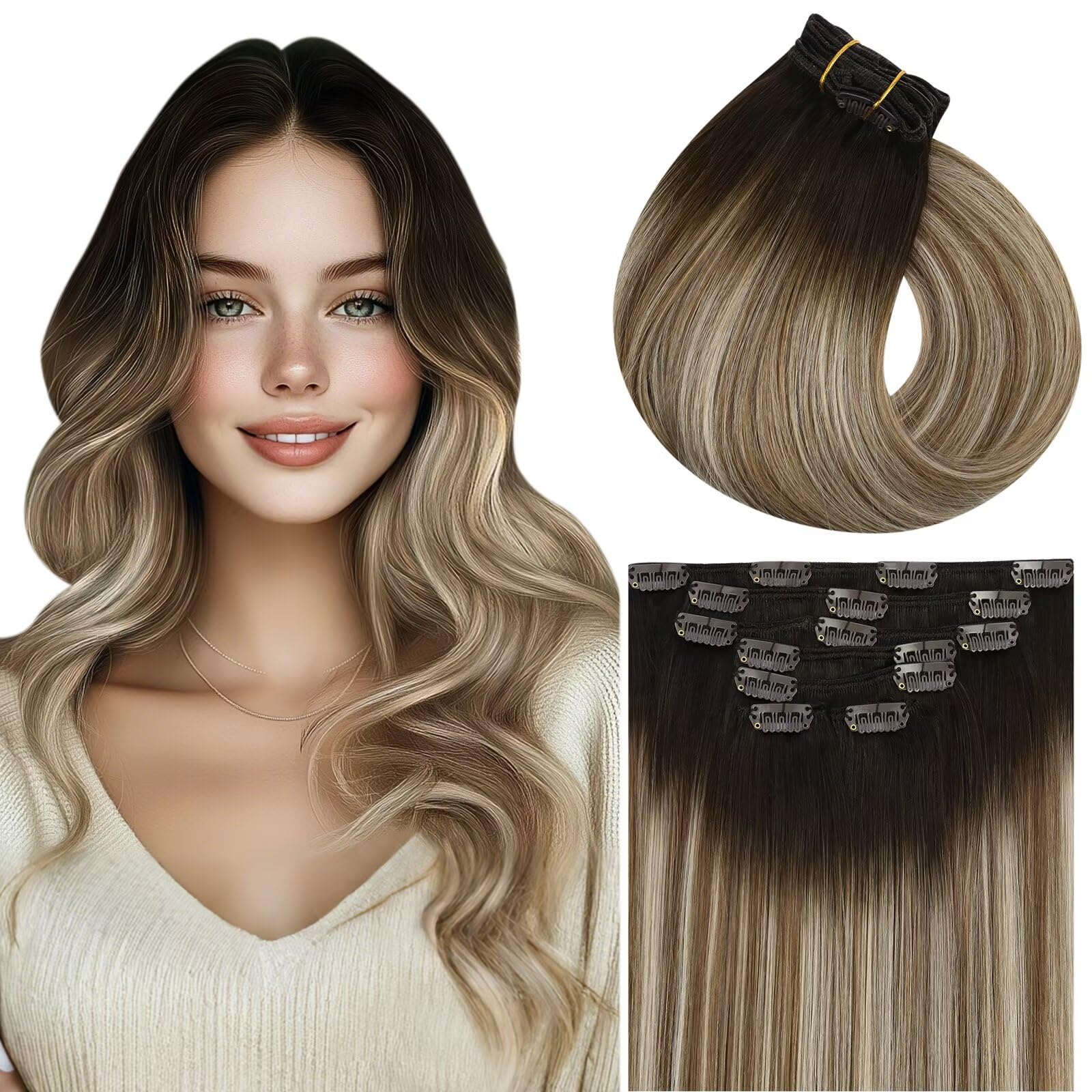 Vivien Brown Clip in Hair Extensions Darkest Brown to Light Brown Balayage Hair Extensions for Women Clip in Hair Extensions Human Hair 22 Inch 120g 7pcs #2/8/2 — view 16