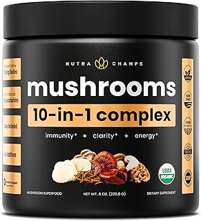 NutraChamps Organic Mushroom Powder - 10-in-1 Complex - Mushroom Supplement Powder Blend for Memory, Focus & Immune Support - 8oz (8.0 OZ, Mushroom Blend)