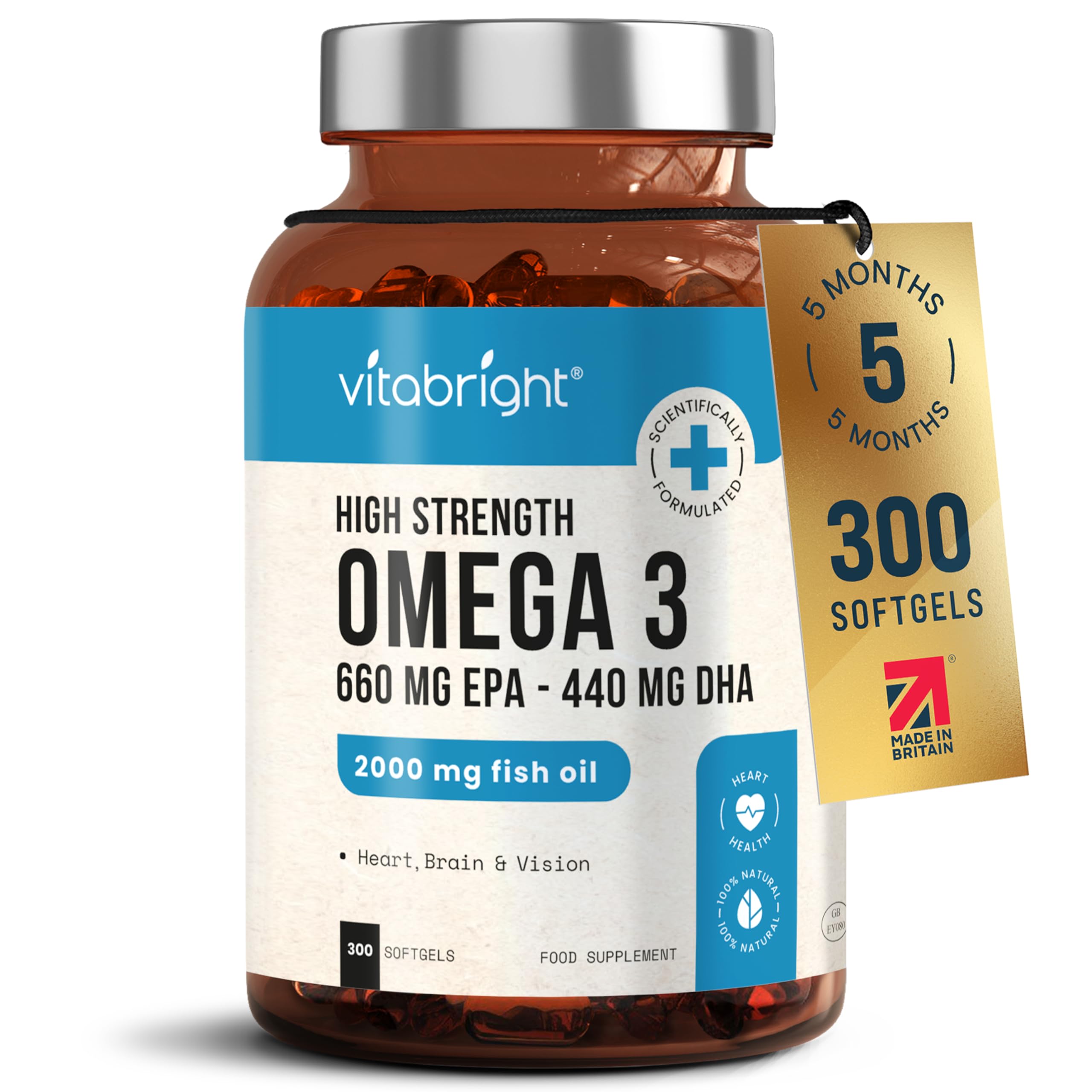 Omega 3 Capsules High Strength | 2000mg | 660 EPA + 440 DHA | 5 Months | Omega 3 Fish Oil Tablets | Triglycerides & Brain Supplement | Alternative to Cod Liver Oil Capsules High Strength | VitaBright