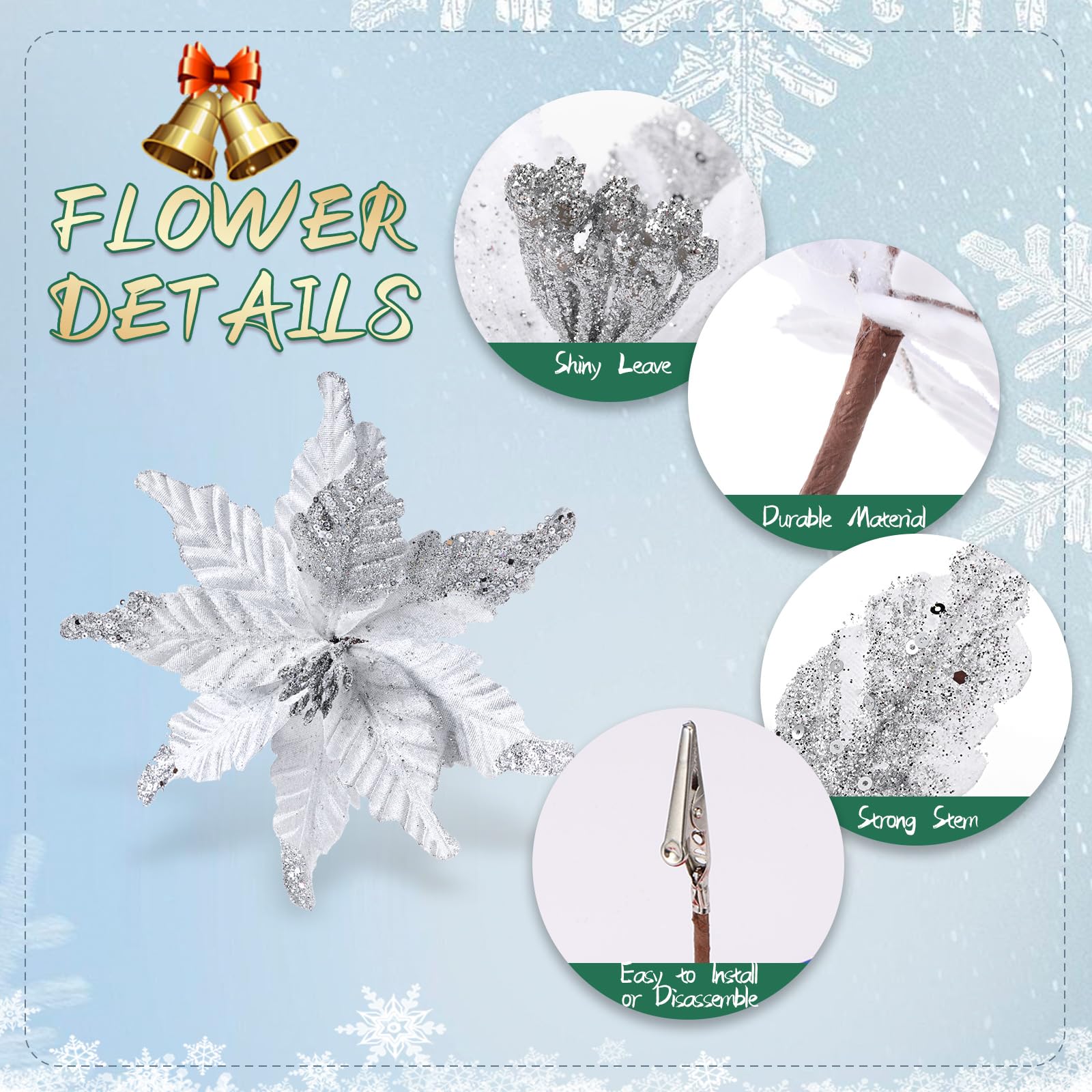 12 Stück Weihnachtssterne aus Glitzerstoff, 25,4 cm, künstliche Weihnachtsblume mit Clips, großer Kopf, Weihnachtsbaumschmuck, künstliche Weihnachtsblume mit Stielen für Hochzeit, Party (weiß)