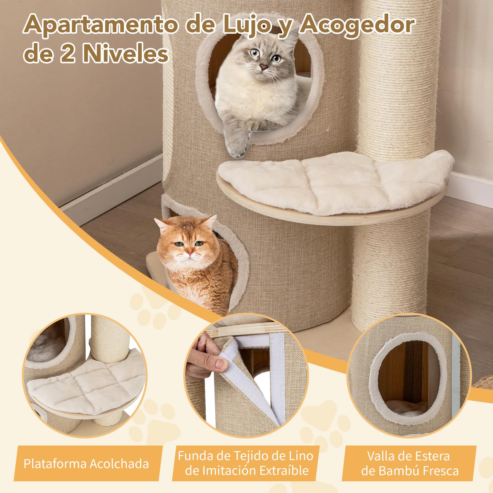 COSTWAY Árbol para Gatos de 154 cm, Rascador para Gatos con Condominio de 2 Pisos, Percha Superior, Postes Rascadores de Sisal, Alfombra de Sisal, Hamaca, Pelotas Colgantes, Cama Extraíble