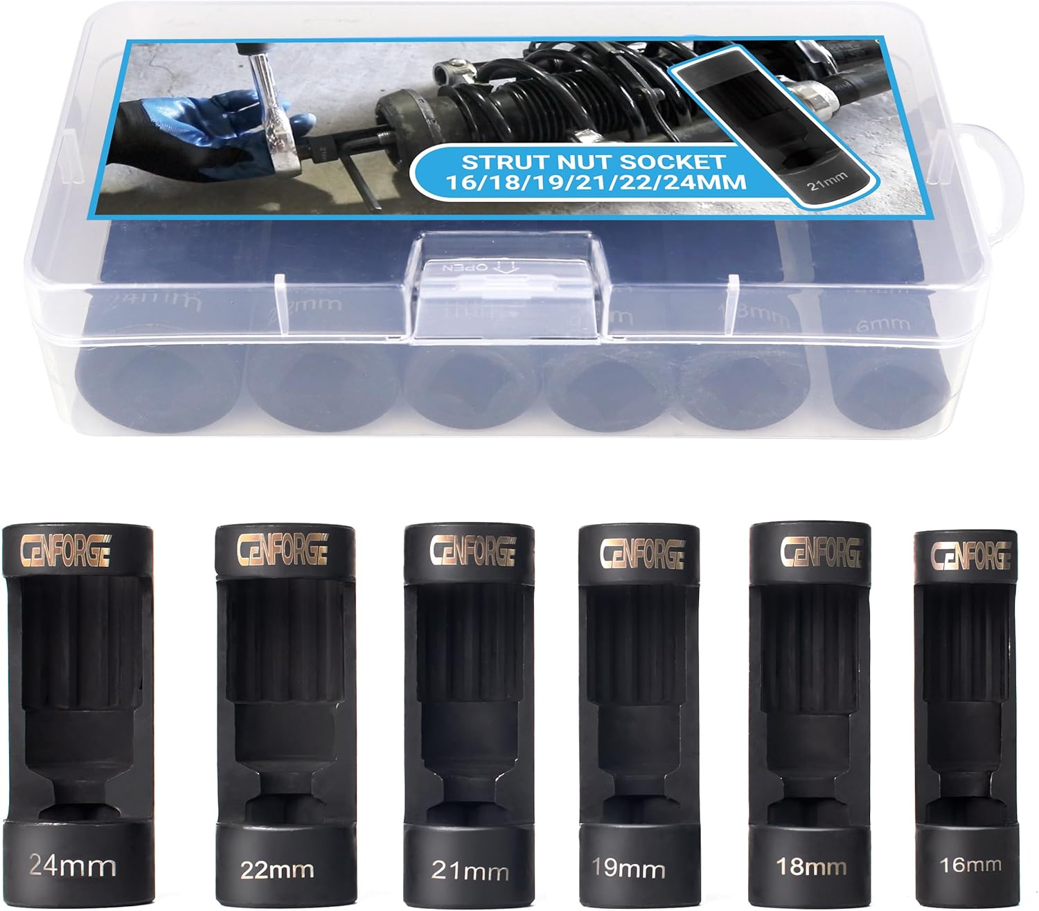 Strut Socket, 6-PC, Shock Absorber Nut Tool, Strut Nut Socket, with 1/2" Drive, Fit for VW BMW Benz MINI Porsche and Audi (12 Points) (16/18/19/21/22/24 mm)