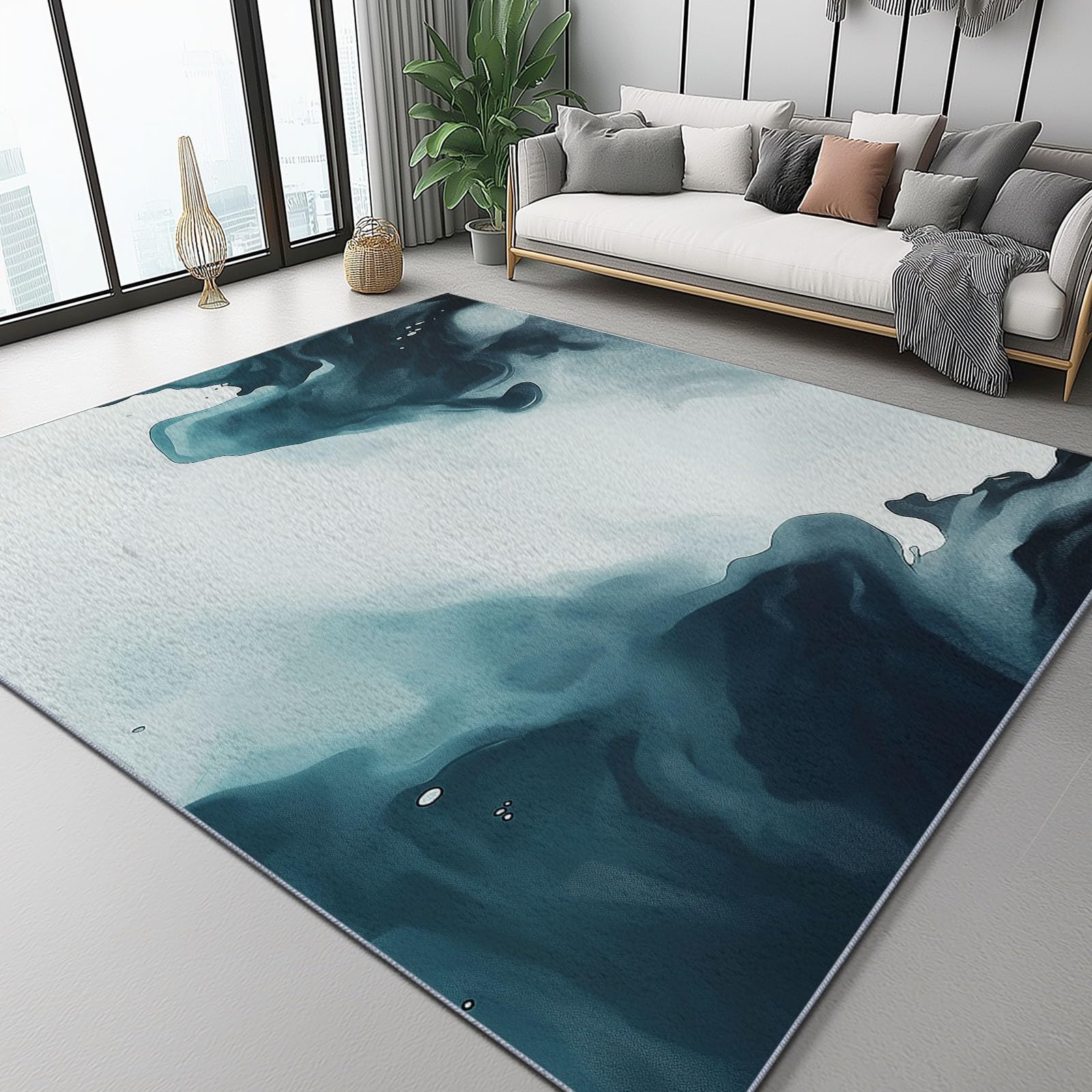 Grand Tapis Motif Aquarelle Abstraite Antidérapant Shaggy 80 x 150 cm Gris Bleu