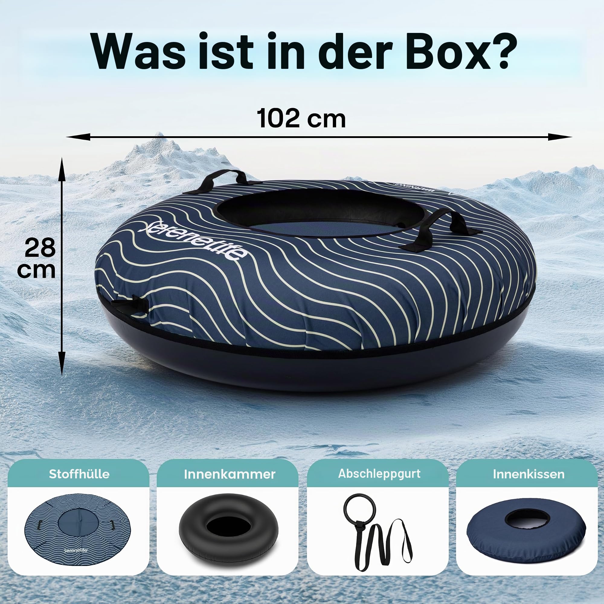 SereneLife Snowtube 102 cm – Aufblasbarer Schlitten mit Zugband & Hartplastikboden für Kinder & Erwachsene Reinforced Boden & Extra-Polsterung - Schnelle Gleitfläche - Winterspaß für 2 Personen