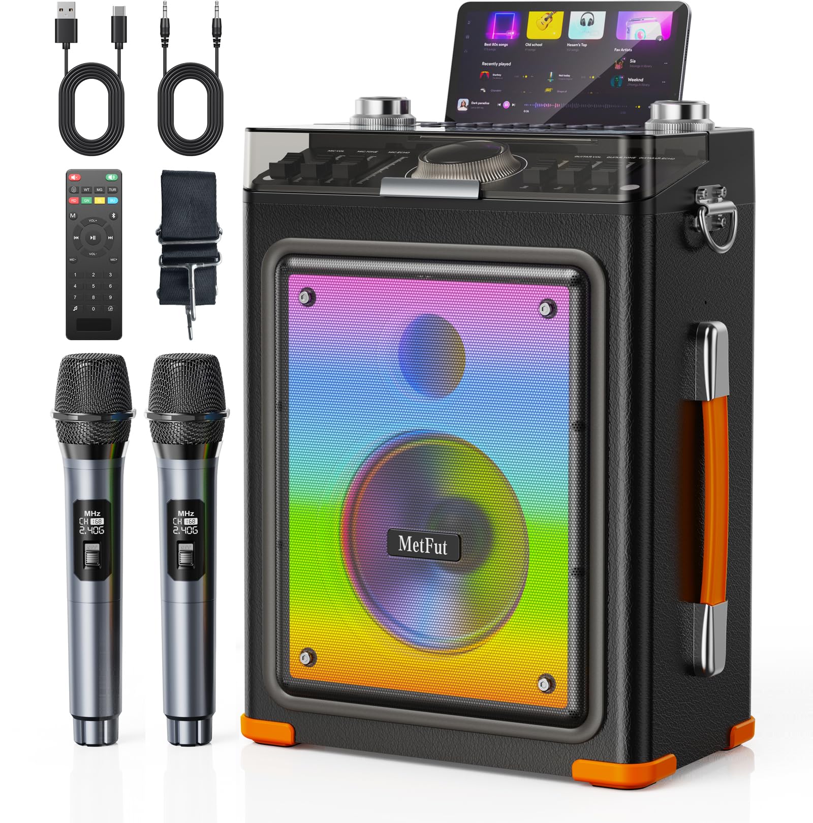 MetFut Karaoke Machine, Powerful Bluetooth Speaker with Two Wireless Microphones, Portable PA System, Tone Slider Design for Guitar/MIC, 12 Hours Playback, Loud Sound for Karaoke