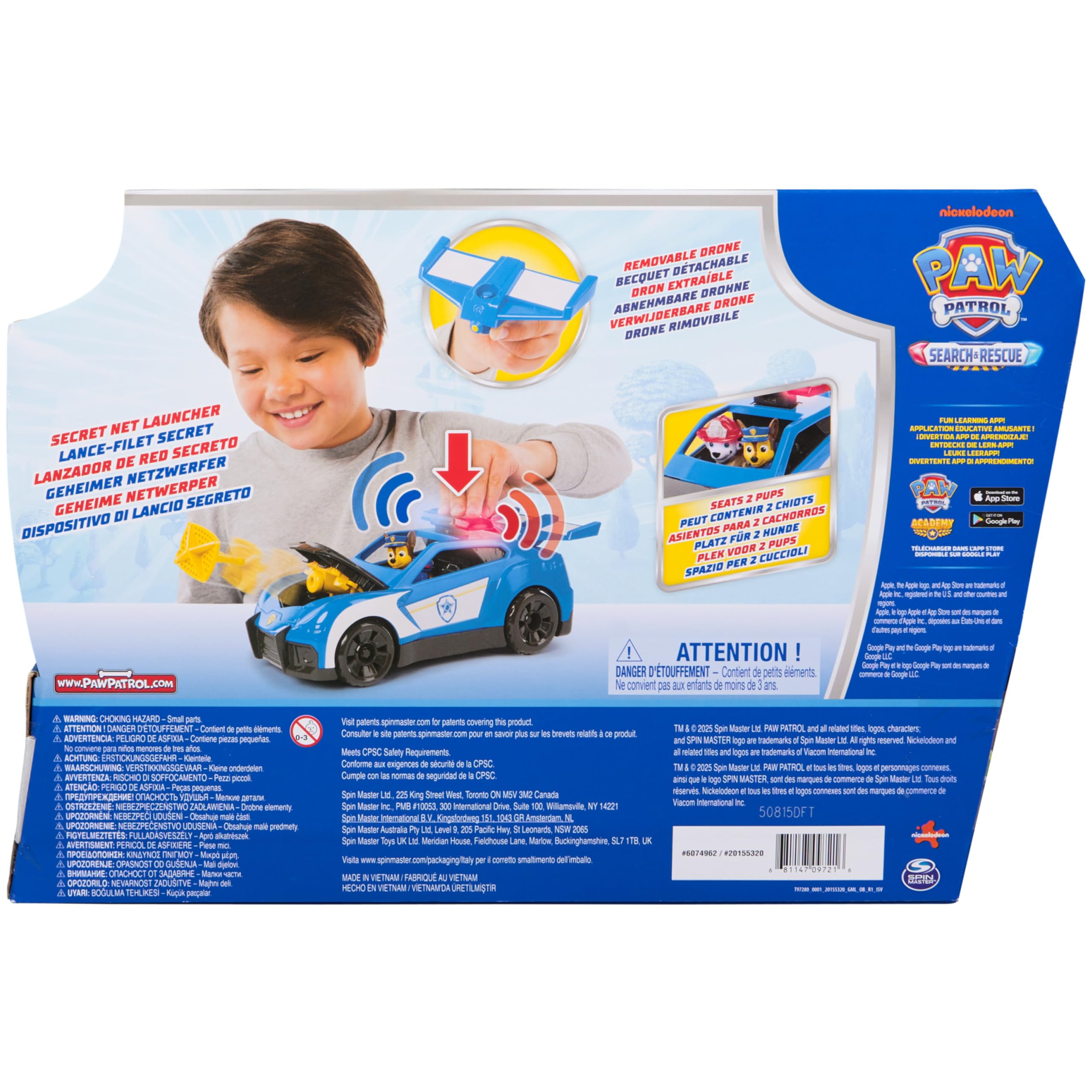 Paw Patrol: Search & Rescue, Auto della Polizia di Chase con Personaggio e 2 Proiettili, Luci, Suoni e Lanciatore Nascosto, Giocattoli per Bambini e Bambine, 3+ Anni