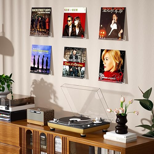 Miniatura 5 de NIUBEE Soporte de pared para discos de vinilo transparente sin taladro, paquete de 6 soportes acrílicos para discos de pared, estante de pared para