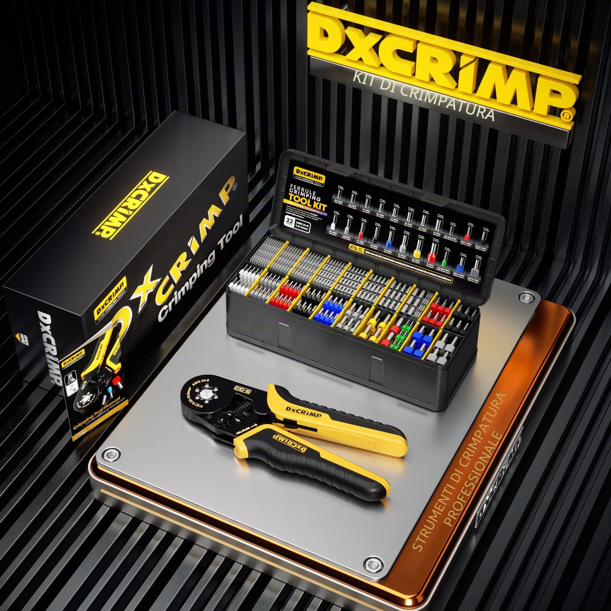 DxCRIMP Set di Pinze Puntalini, Pinza Crimpatrice Capicorda, con 22 tipi di Puntalini isolati, non isolati e bi-wire, Connettori Elettrici 0,25-6 mm² Pinza Puntalini Esagonale, Pressatrice Multistrato