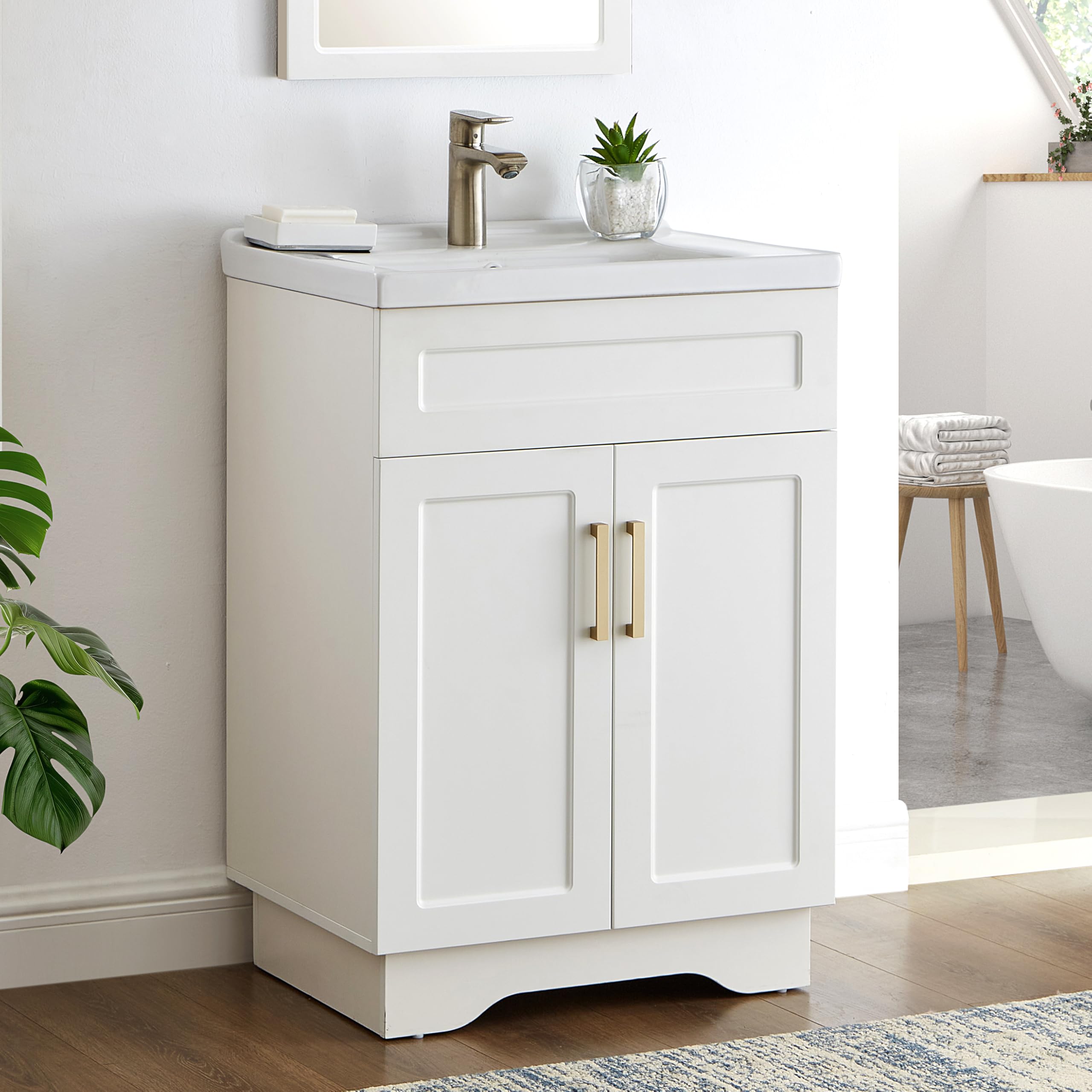 Ymise Bathroom Vanity with Sink, 24-Inch Bathroom Vanities Cabinet with Large Storage Space, Wooden Bathroom Sink Cabinet, White