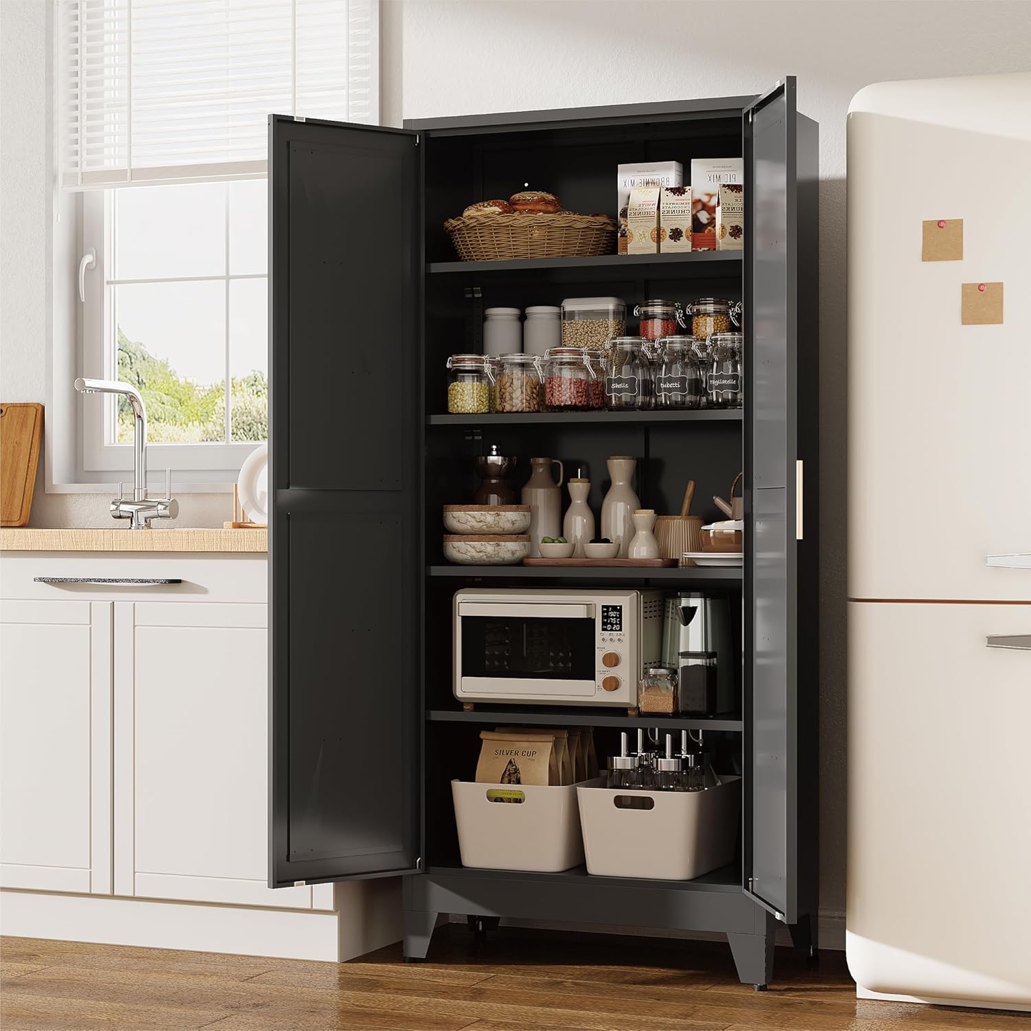 71" Tall Pantry Cabinet, White Metal Pantry Storage Cabinet, Kitchen Pantry Storage Cabinets with 2 Door and 4 Adjustable Shelves (Black, 71" H)