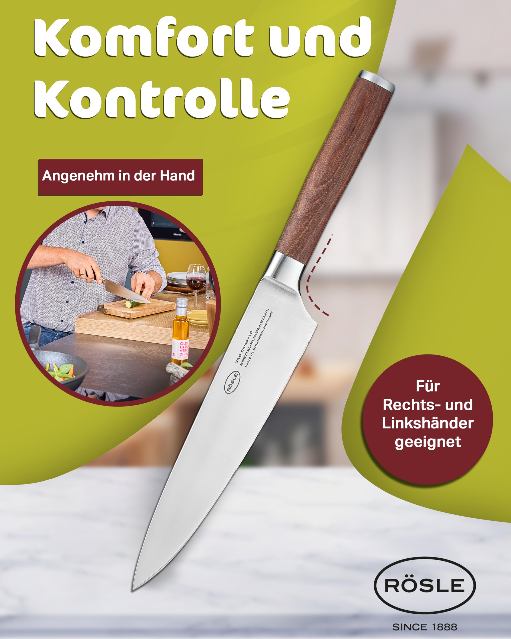 RÖSLE Kochmesser Masterclass 20 cm - Hochwertiges Küchenmesser zum Schneiden von Fleisch, Fisch, Geflügel und Gemüse, ein scharfes Schneidemesser mit ergonomischem Griff aus Walnussholz | Klinge aus X50CrMOV15 Stahl, Made in Solingen, scharf für Fleisch,