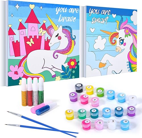 2 piezas de pintura por números para niños unicornio pintura de bricolaje lienzo enmarcado para niñas niños principiantes patrón de animales