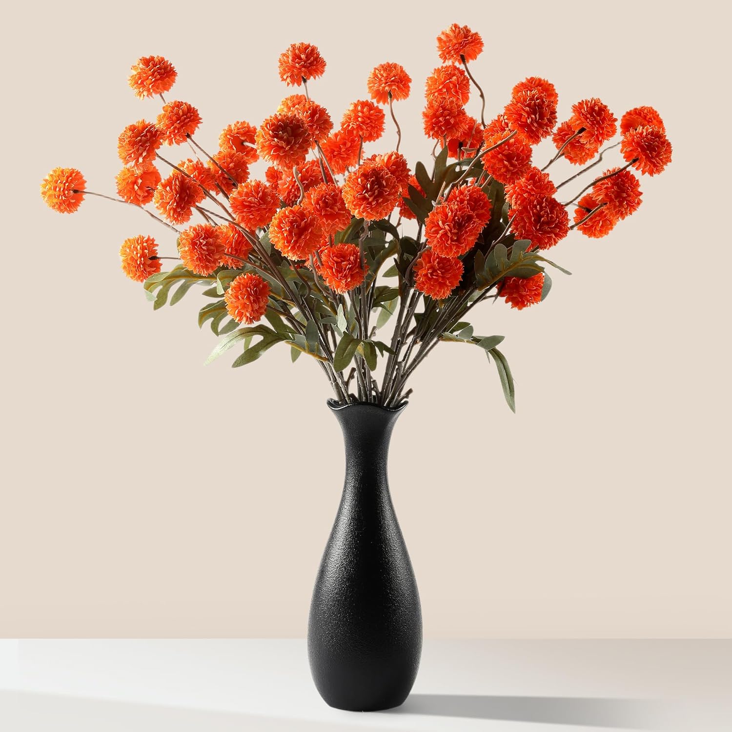 JAKY-Global Fall Flower Fake MUMS Artificial 10 Stems,Long Stems Silk Flowers Autumn Home Decor,Faux Floral Pompon Balls for Table Vase,Halloween Centerpieces,Wedding Arrangements