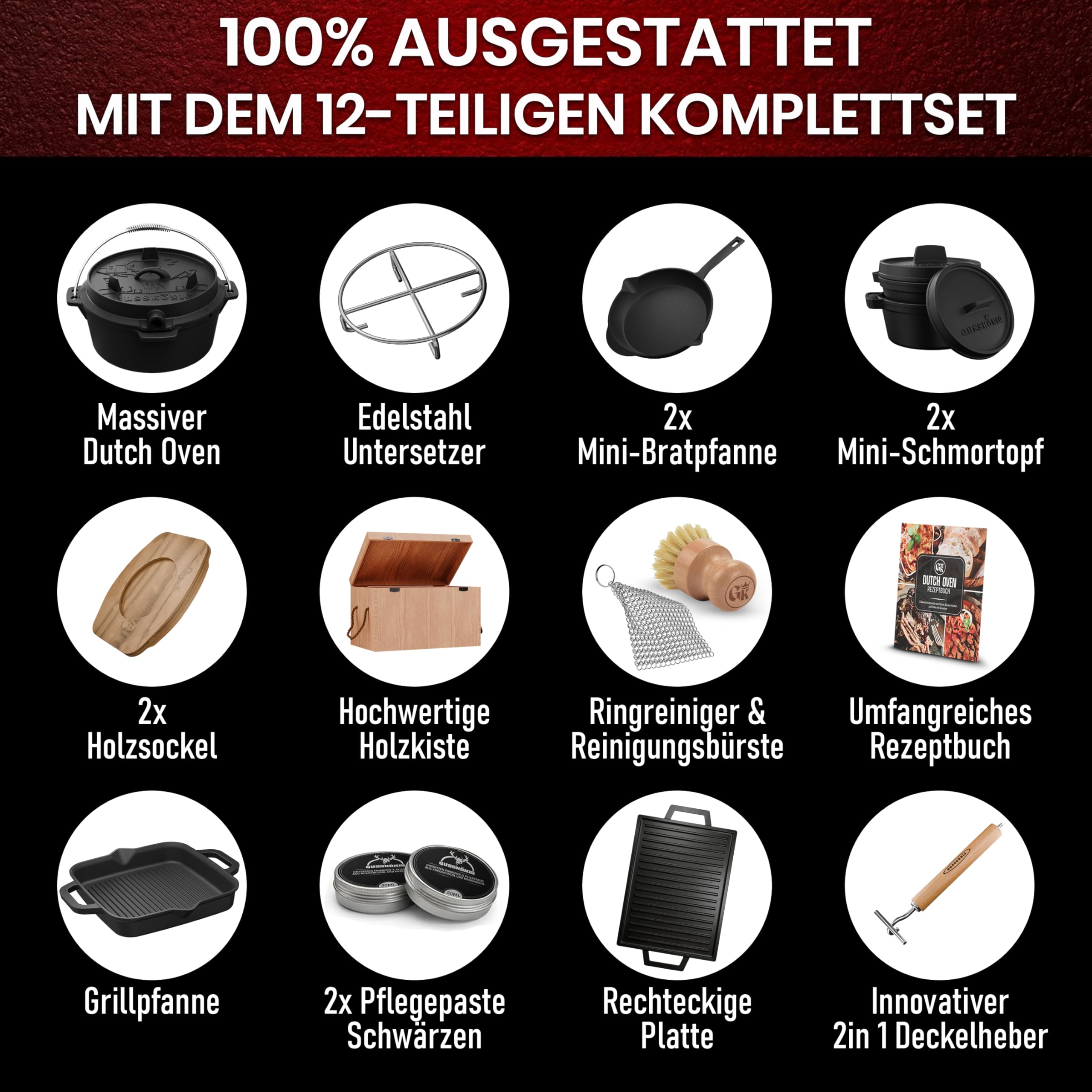 GUSSKÖNIG Dutch Oven Set 11-teilig – bereits eingebranntes Gusseisen Topf Set – Bratpfanne, Grilltopf, Deckelheber, Untersetzer & Echtleder-Griffschutz + Rezeptbuch & Pflegepaste – 30 Jahre Garantie