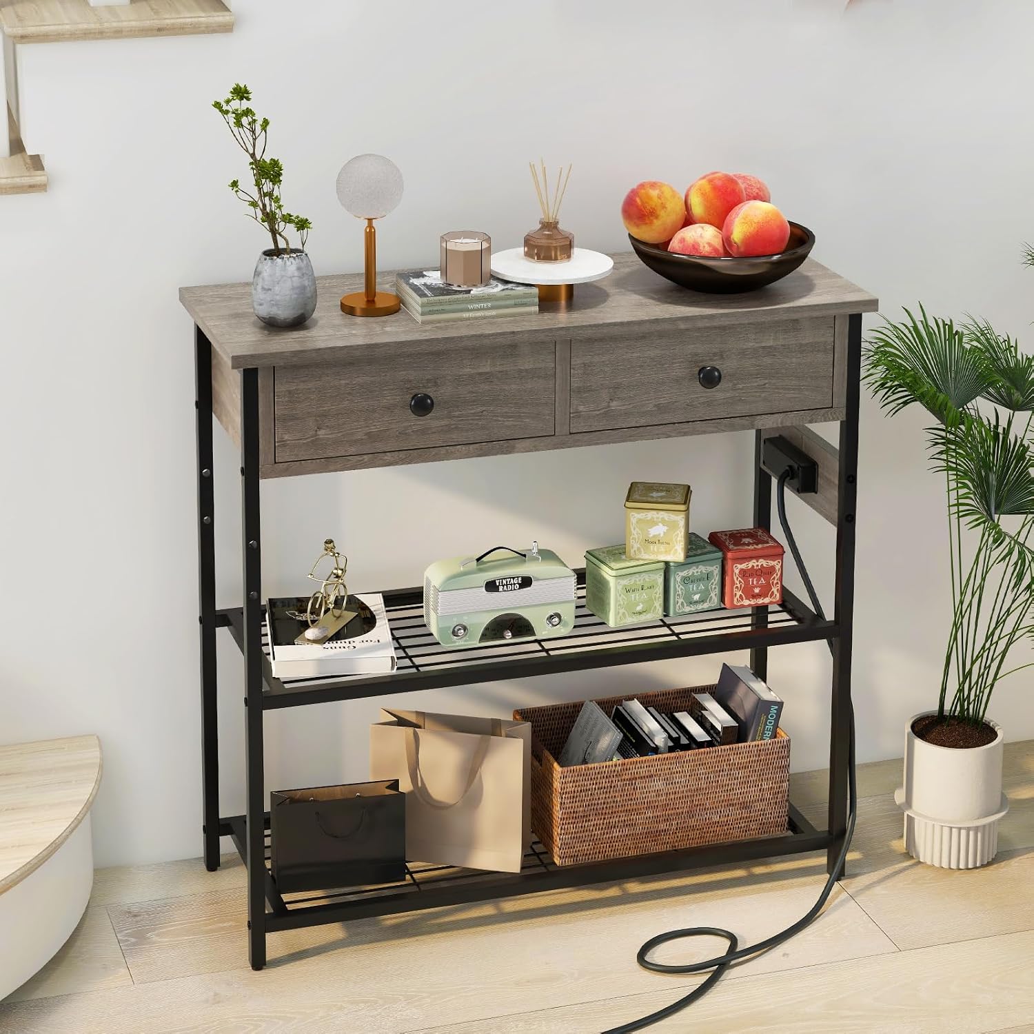 Giantex Console Table with Outlets - 3-Tier Entryway Table w/USB Ports, 2 Storage Drawers, Narrow Long Sofa Entry Table for Living Room, Hallway, Corridor, Behind Couch Use, Gray