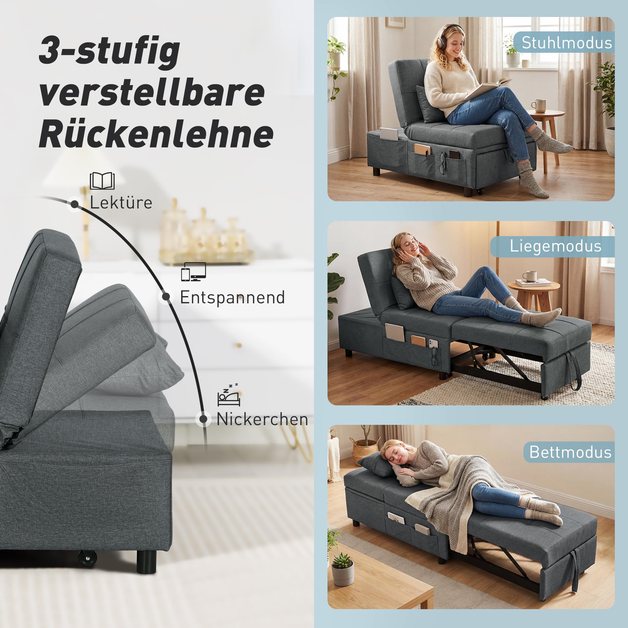 HOMCOM 4-in-1 Schlafsessel mit Bettfunktion Ausziehbares Schlafsofa Grau
