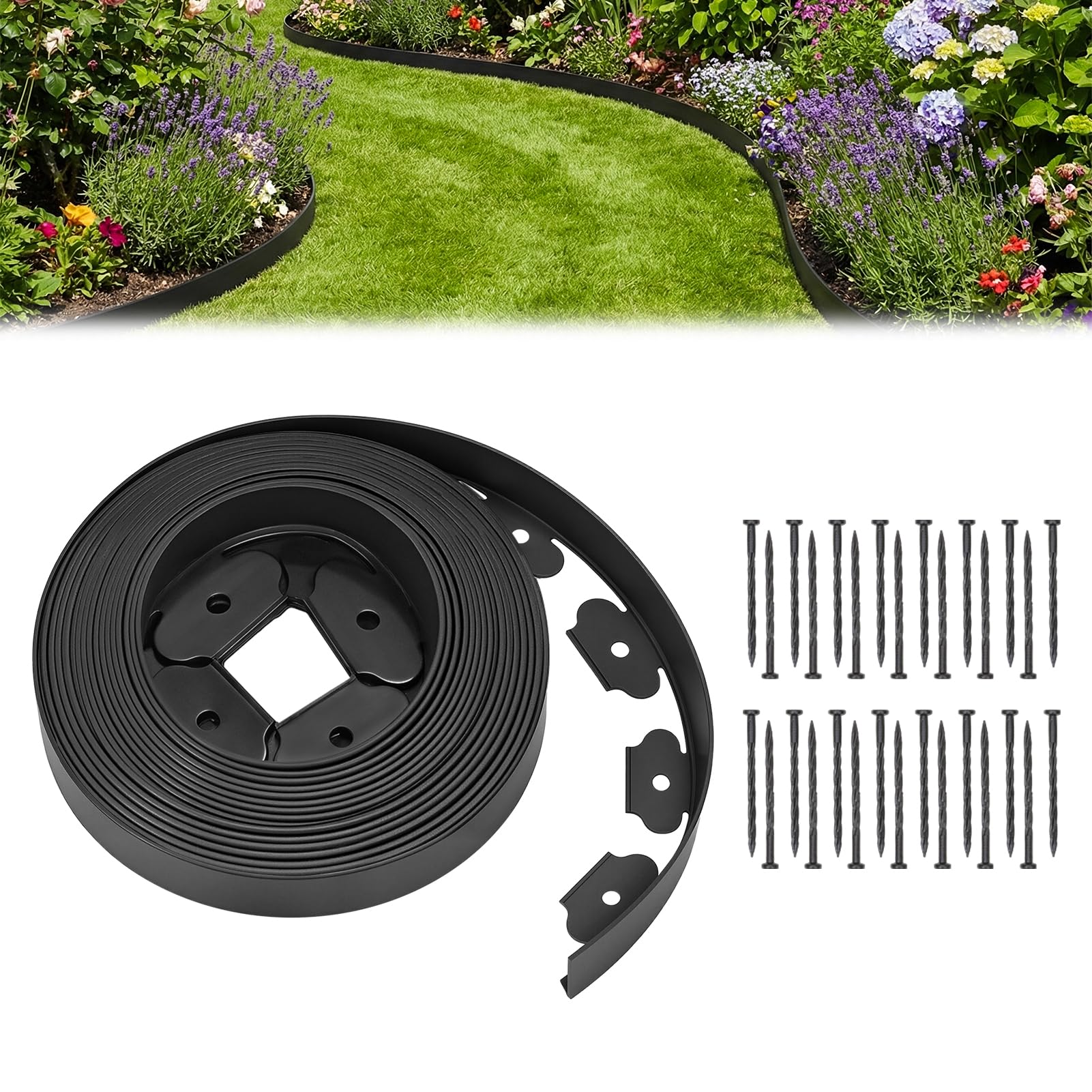 DKIEI Lawn Edging, 10m of Flexible Garden Edging Border with 30 Super Strong Securing Pegs Anchors, Landscape Grass Border for Lawns Paths Driveways Pavement All Gardening Ideas, 50mm High, Black — image 1