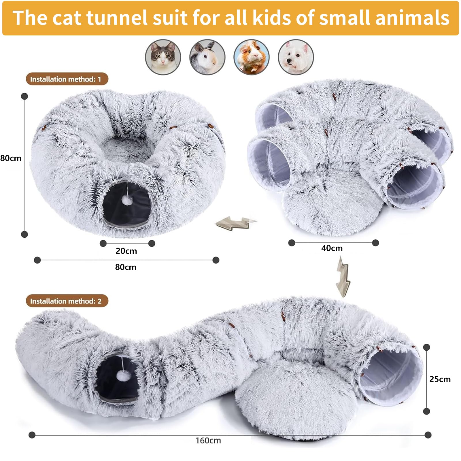 Katzentunnel, Tunnel für Katzen Rund mit Schlafplatz & Bed,Multifunktionales Faltbar Katzen Tunnel Katzenhöhle mit Spielball Interaktives Spielzeug für Indoor Kitten (Grau)