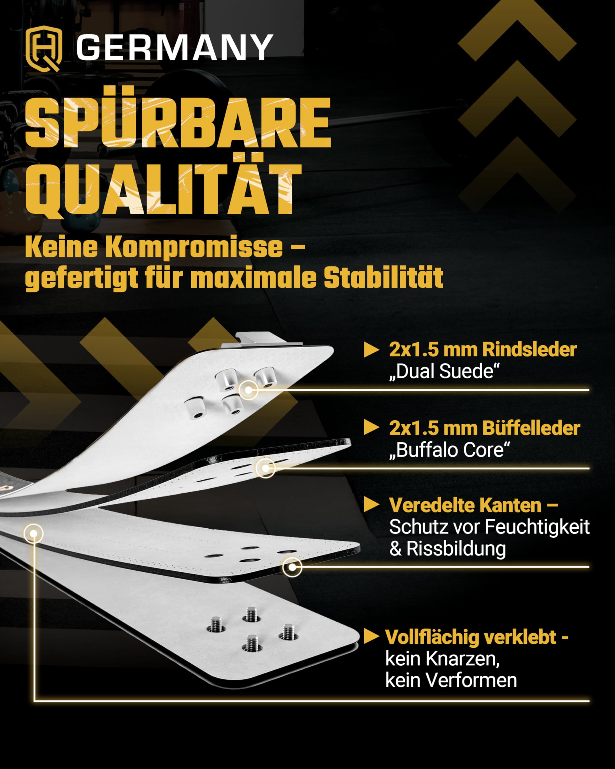 HQ Germany® Gewichthebergürtel S-XL [Echtleder] - Weightlifting Belt | 100% Rindsleder, doppelläufige Naht, veredelte Kanten, Edelstahl-Schnalle, verklebte Lederschichten, knarzfrei