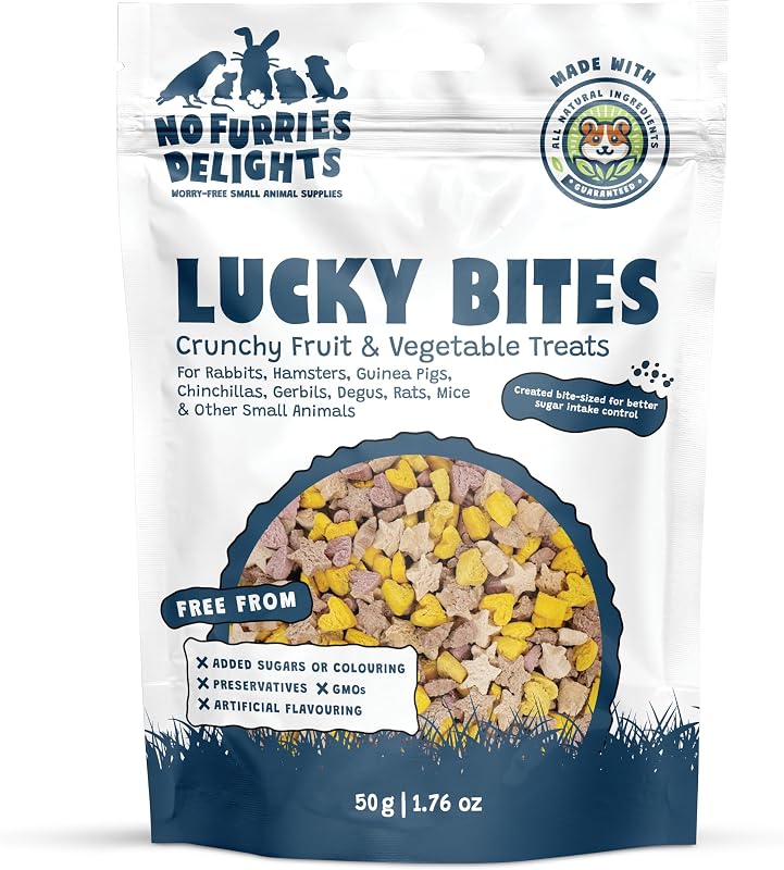 Petisco crocante para pequenos animais com abóbora, morango, framboesa e cenoura No Furries Delights Lucky Bites VP, 50 g