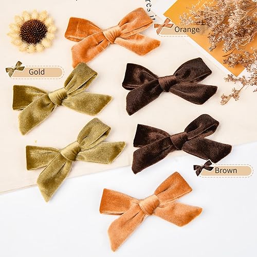 Miniatura 6 de DEEKA Lazos de terciopelo para el cabello de otoño dorado y marrón naranja, 6 lazos de terciopelo de 4 pulgadas para niñas pequeñas, lazos hechos a